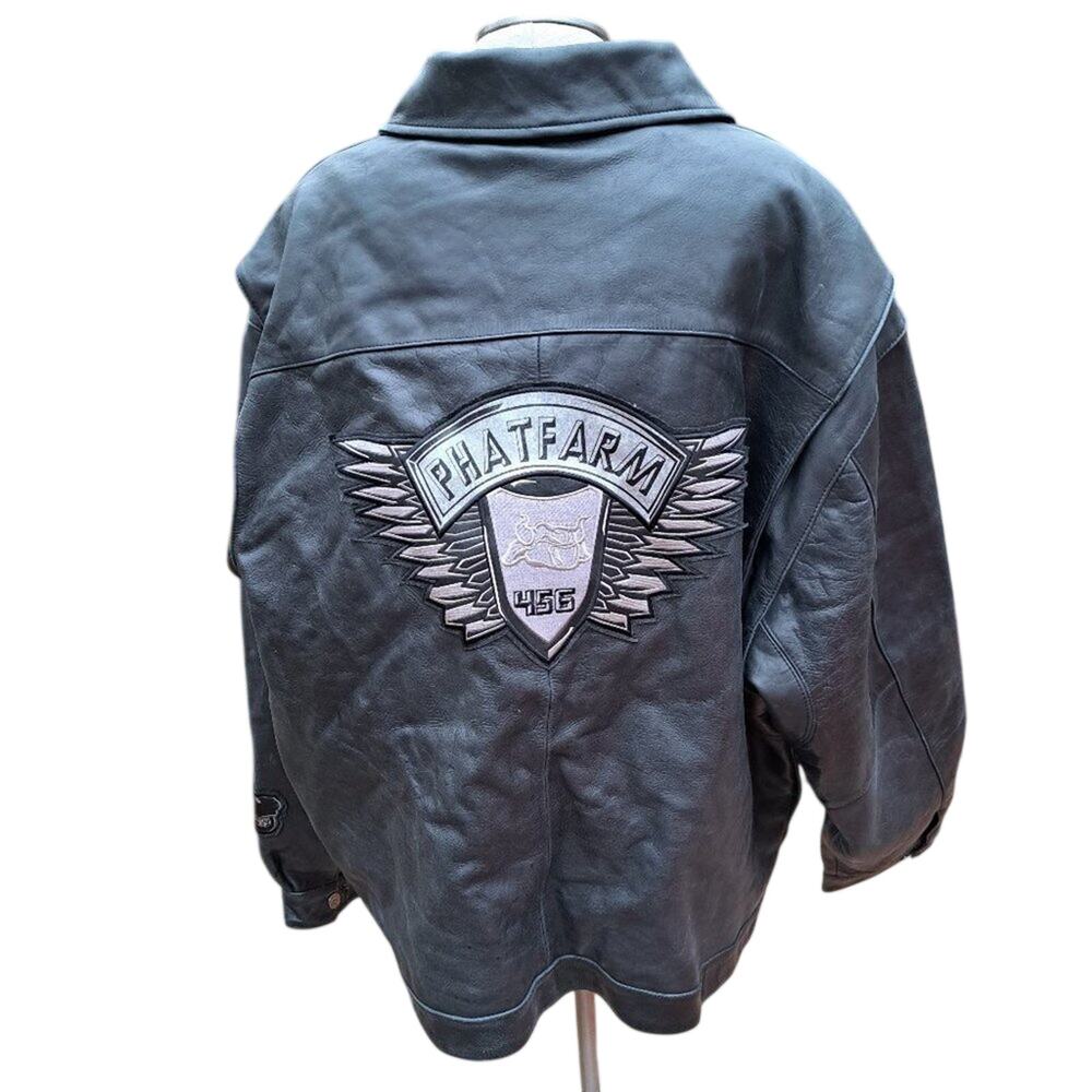 %Phat Farm Leather Jacket Coat New York Men Cycle Club Black VTG Size 5XL